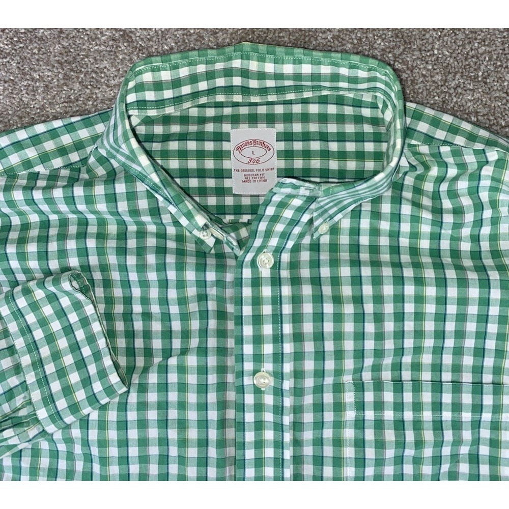 Brooks Brothers 346 Green Gingham Check Plaid Shirt Men Large Cotton Pocket Prep